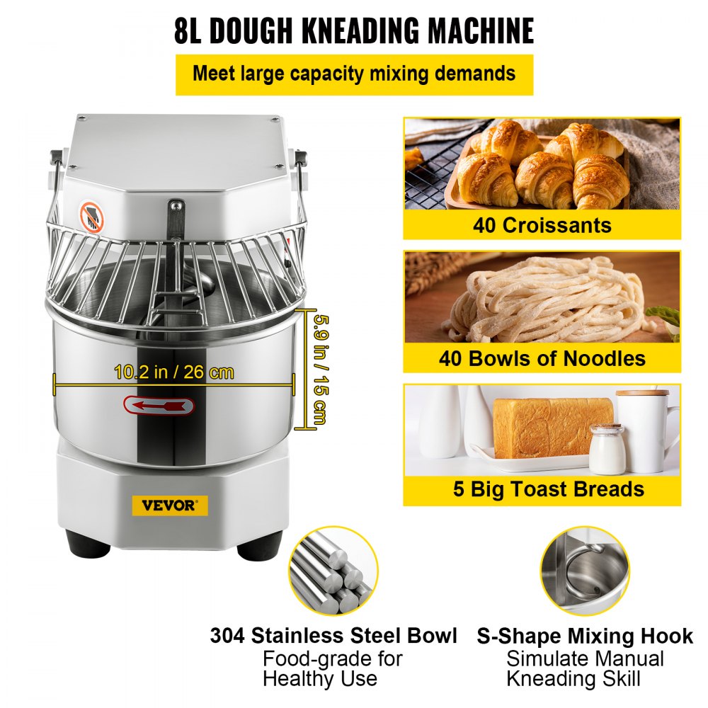 Dough kneading machine food processor, 8 L stainless steel dough mixer, 450 W, adjustable (130/233/414 rpm), including stainless steel bowl, safety shield, timer, ideal for bakeries, restaurants, pizzerias Dough kneading machine food processor, 8 L stainless steel dough mixer, 450 W, adjustable (130/233/414 rpm), including stainless steel bowl, safety shield, timer, ideal for bakeries, restaurants, pizzerias