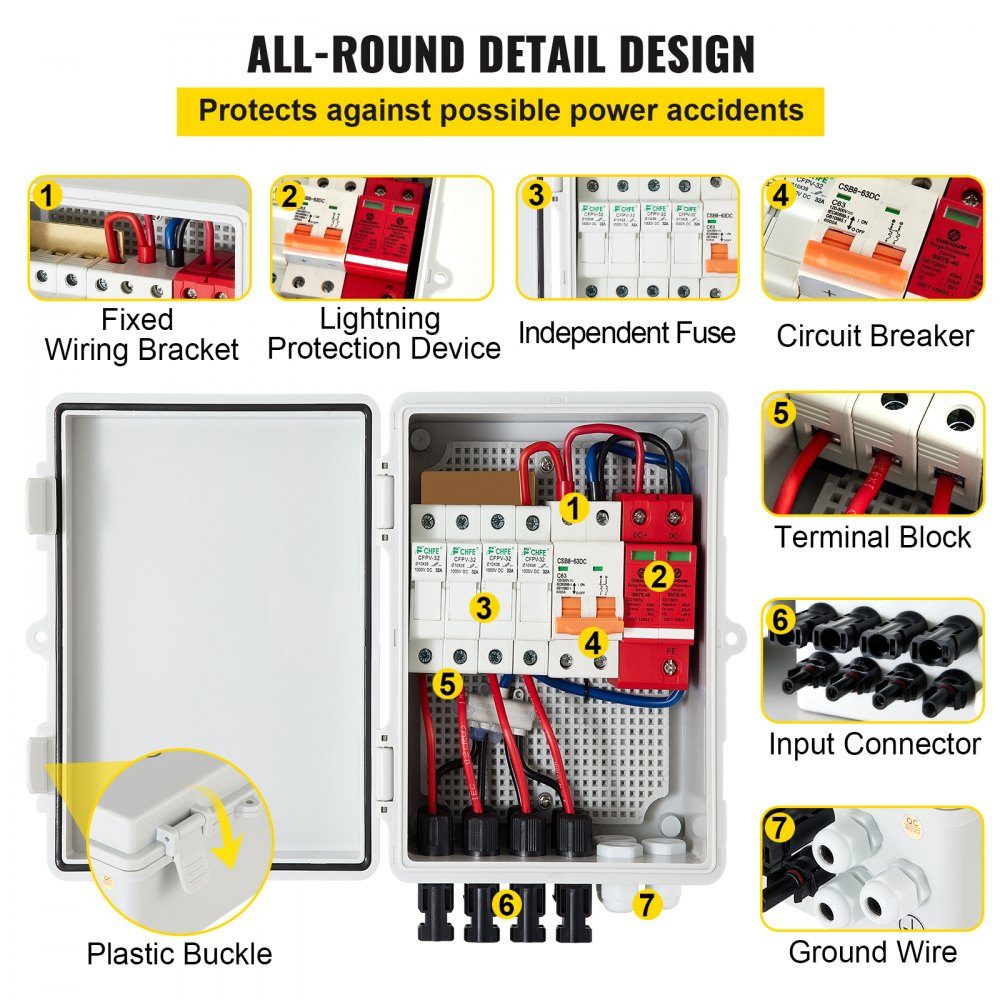 4-strand PV combination box 15 A fuse box 500 V apartment distributor protection class IP65 meter cabinet circuit breaker for solar panel network and off-grid solar power system 17 x 23 x 11 cm
