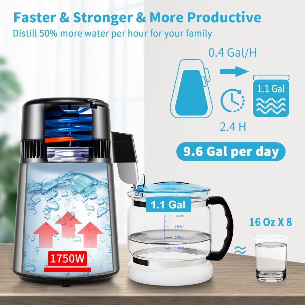 Distillateur d'eau avec contrôle de température, distillateur en acier inoxydable 4 L, distillateur d'eau 1750 W, distillateur d'eau pure avec pichet en verre, 1,5 L/heure. Appareil de distillation Appareil de distillation d'eau – Réf. HT-23645