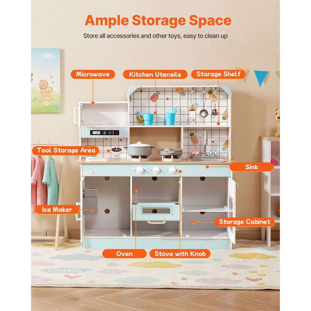 Play Kitchen for Kids, Wooden Toy Kitchen Set with Lights and Sounds, Toddler Kitchen with Ice Cream Maker, Oven, Sink, Microwave, Refrigerator and Utensils and Fruit Accessories for Toddlers Ages 3-8, White