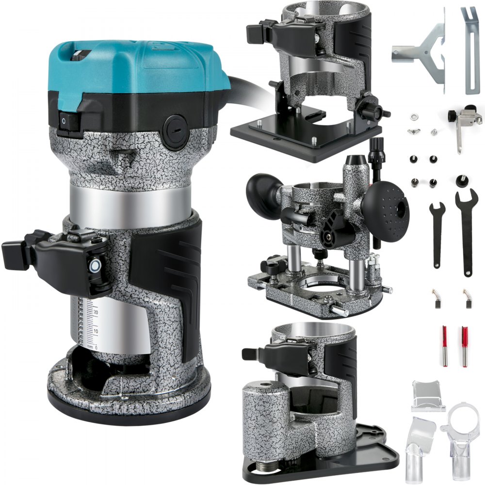 One-handed wood router edger 33000 rpm, fixed base, tilt base, plunge base, offset base, 3 collets 6.35 / 6 / 8 mm, cutter 6 / 8 mm incl., curve guide, aluminum alloy One-handed wood router edger 33000 rpm, fixed base, tilt base, plunge base, offset base, 3 collets 6.35 / 6 / 8 mm, cutter 6 / 8 mm incl., curve guide, aluminum alloy