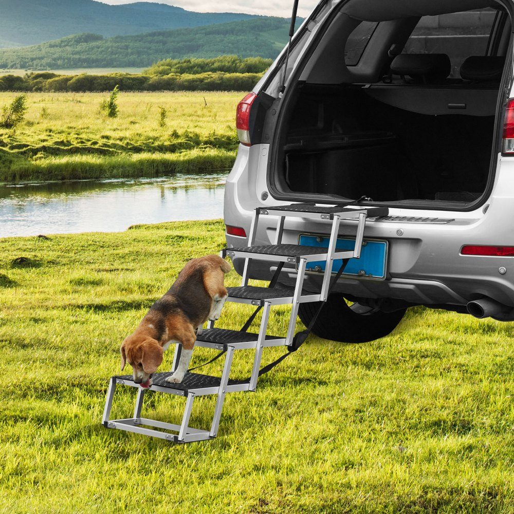 Dog Stairs for Cars, Wide 5 Step Dog Car Stairs, Folding Dog Car Ramp with Non-Slip Surface, Portable Lightweight Aluminum Pet Stairs for Car, SUV and Truck, Supports up to 68kg