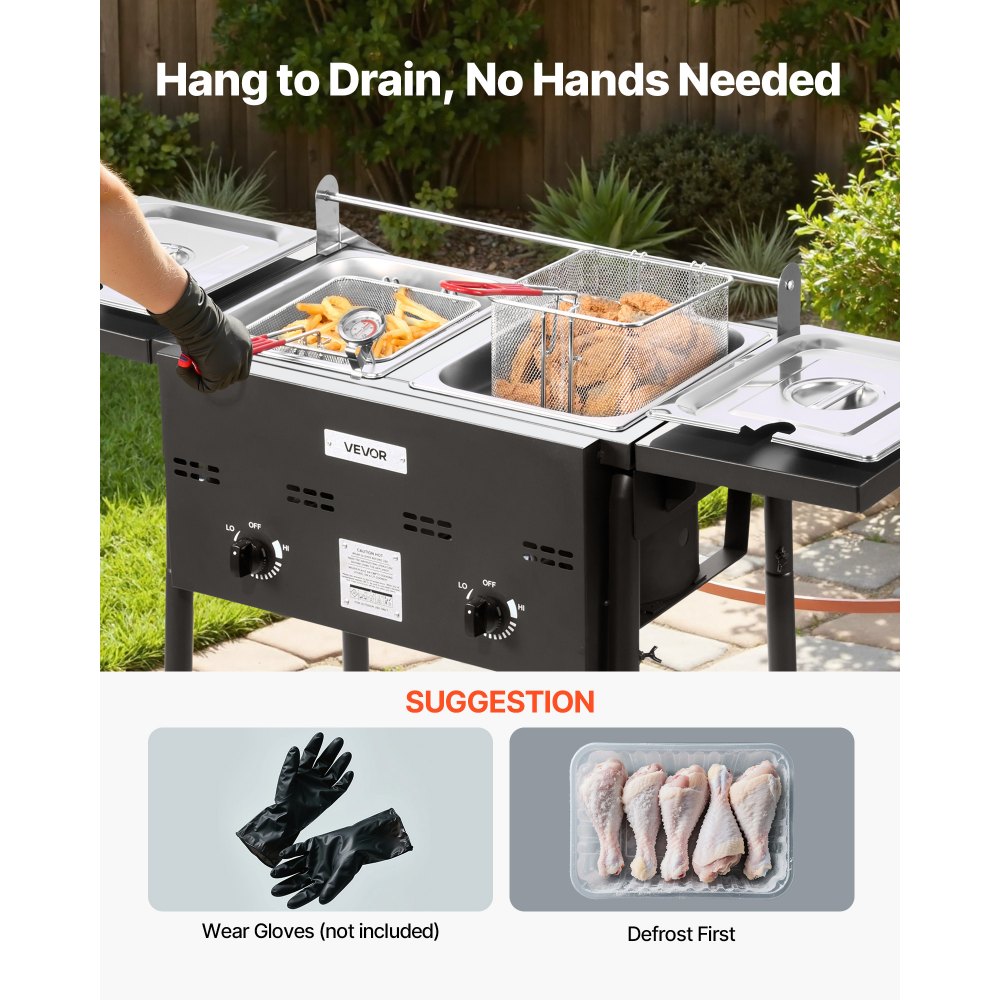 Friteuse commerciale d'extérieur au propane avec 2 réservoirs (9 L x 2), cuisinière en acier inoxydable avec plate-forme pliable, double panier et contrôle de la chaleur, friteuses autoportantes pour restaurants, snack-bars Friteuse commerciale d'extérieur au propane avec 2 réservoirs (9 L x 2), cuisinière en acier inoxydable avec plate-forme pliable, double panier et contrôle de la chaleur, friteuses autoportantes pour restaurants, snack-bars