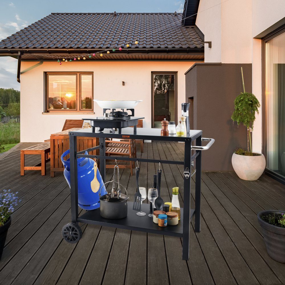 Servierwagen, Küchenwagen, 100 x 64 x 83,5 cm, Outdoor-Grill-Esswagen mit doppelter Ablage, beweglicher Grilltisch für die Zubereitung von Speisen, multifunktionale Tischplatte aus schwarzem Eisen