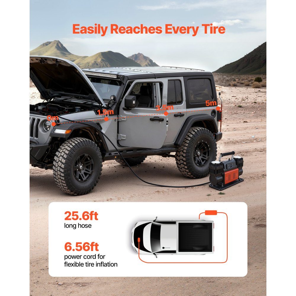 Air Compressor Dual Cylinder 300L/min Auto Shut-off Tire Inflator 12V 10.3bar Off-Road Air Pump with LCD Digital Display and Adapters for Trucks, Cars, SUVs, SUVs and RVs