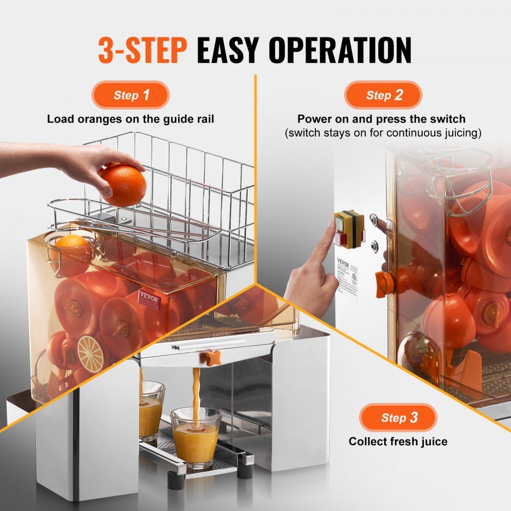 Commercial Orange Juicer, 120W Automatic Juicer, Stainless Steel Orange Juicer for 20 Oranges per Minute, with Pull Out Filter Box, PC Cover, Citrus Juicer, Electric Citrus Juicer