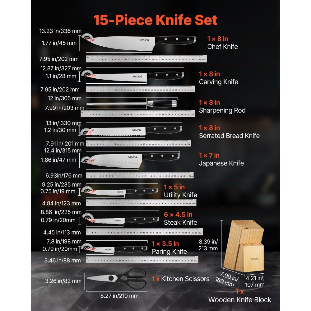 Kitchen knife set with knife block (wood) & sharpening steel, 15 pieces. Knife set, high carbon stainless steel knives, kitchen cutlery with ergonomic handle and kitchen scissors for home cooks