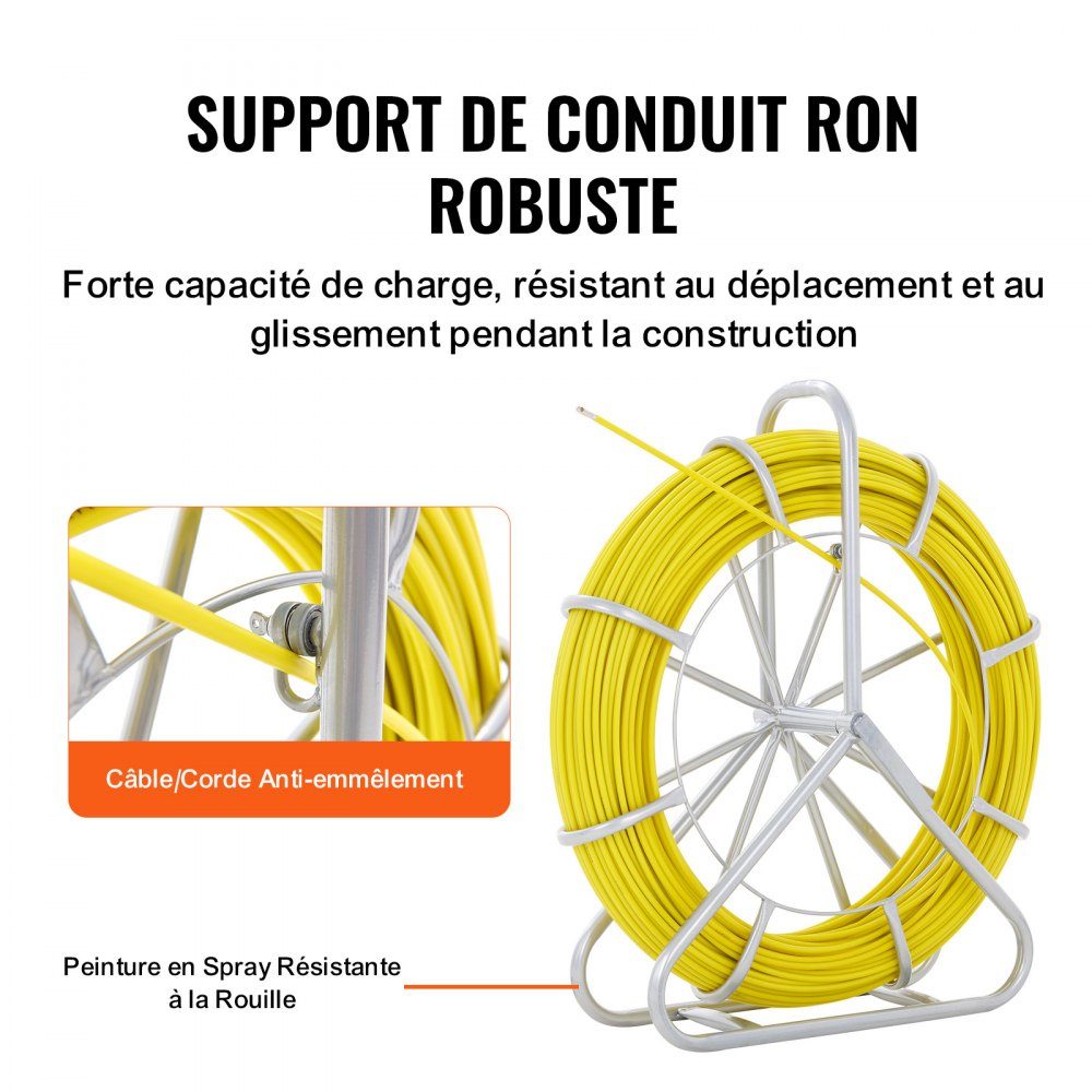 Fiberglass cable wheel Ø6.35 mm x 129.5 m Fiberglass rod incl. steel roller Gloves Brake handle Metal pull heads Fish tape -40℃ to +80℃ Pull-in aid Pull-in tape Pull-in spiral