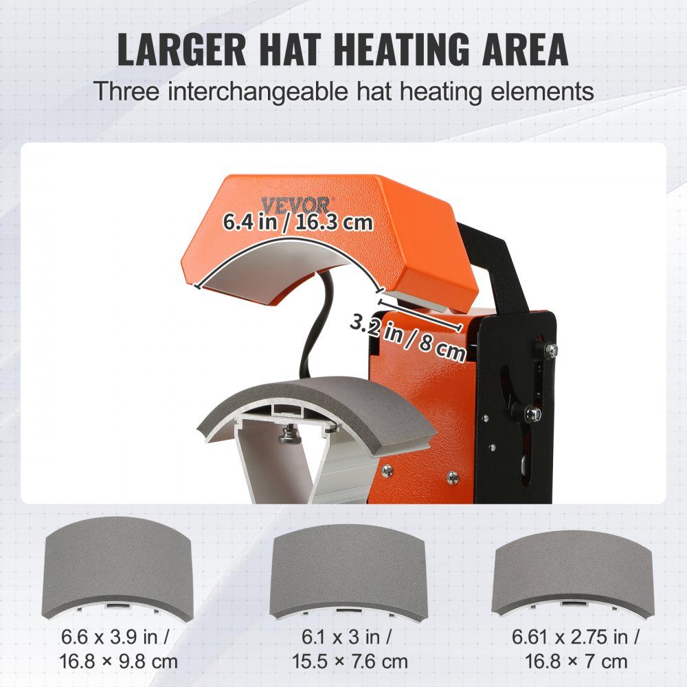 3 in 1 Cap Press, Hat Press, Hot Press Machine 16.3x8cm, Hot Press Transfer Press with 3 Pad Sizes 16.8x7cm, 16.8x9.8cm, 15.5x7.6cm, Hot Press Transfer Press, Time and Temperature Controller