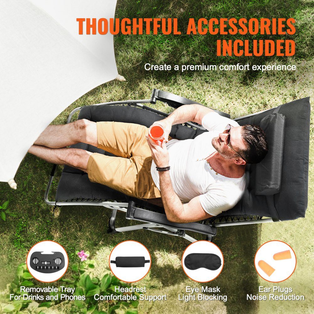 Zero Gravity Chair, 33" Indoor Outdoor Zero Gravity Recliner Chair, Adjustable Anti-Gravity Chair with Pillow, Headrest, Footrest and Cup Holder, 500 Pounds, Black
