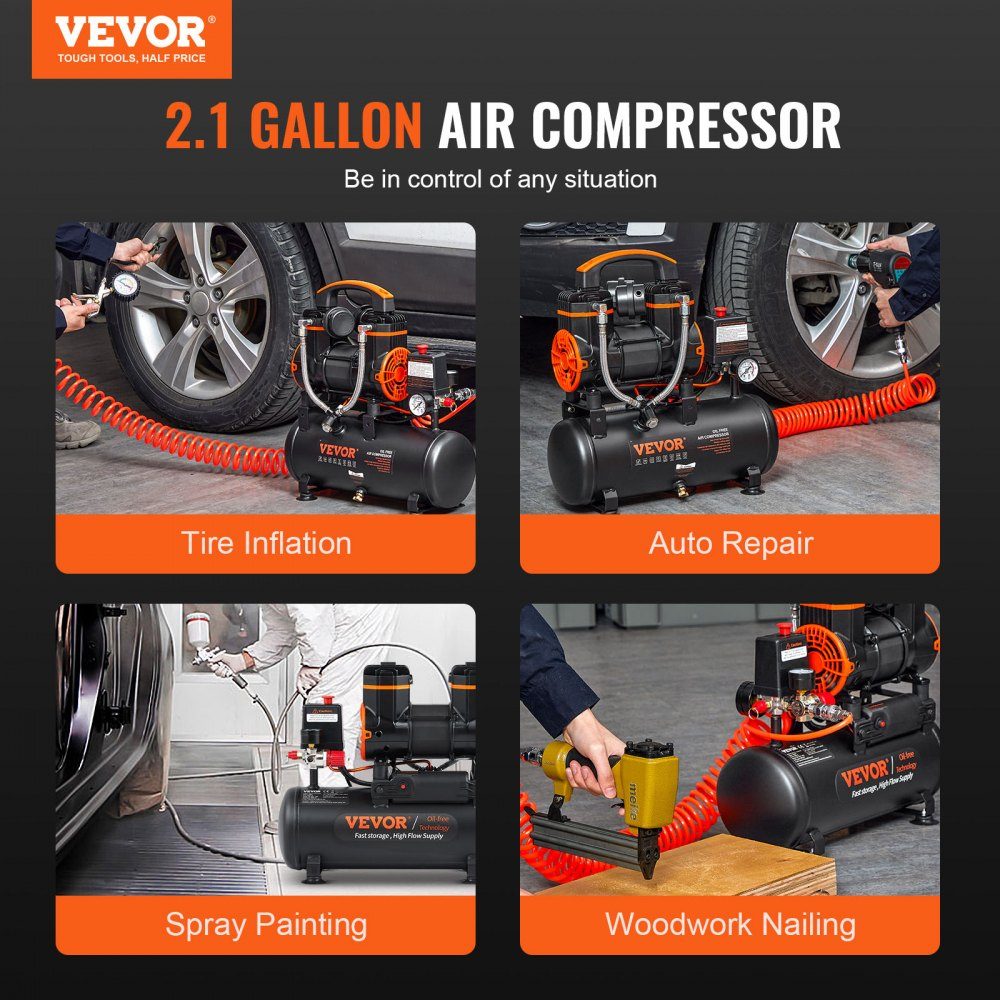 2,1-Gallonen-Luftkompressor, 1,2 PS, 2,2 CFM bei 90 PSI, ölfreier Luftkompressortank und max. 116 PSI Druck, 70 dB extrem leiser Kompressor für Autoreparatur, Reifendruck, Sprühlackierung, Nageln von Holzarbeiten