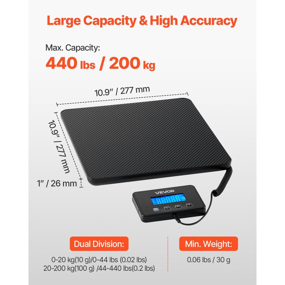 Digital Parcel Scale 10/100g Double Precision 200kg Platform Scale with Hold/Tare Function and LCD Display for Parcels, Postage, Luggage, Battery and Charging Cable Included