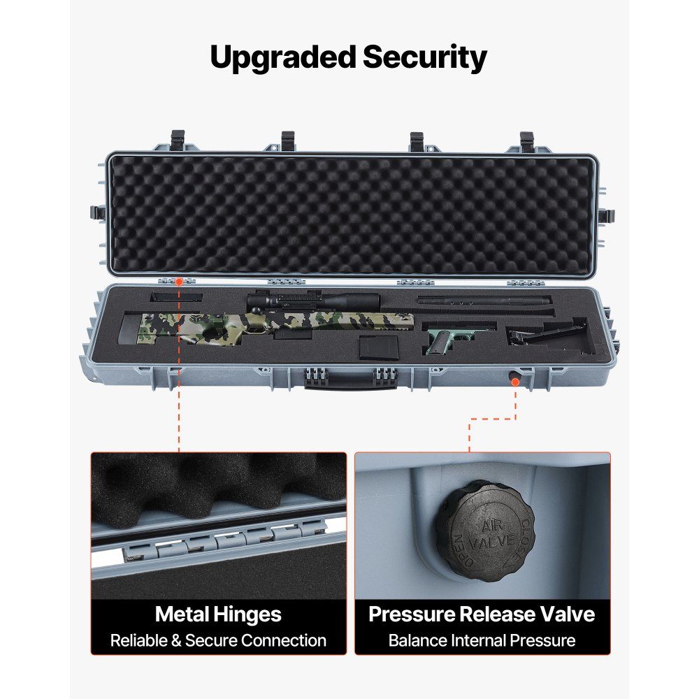 Waffenkoffer mit Hartschale für Langwaffen, abschließbarer Waffenkoffer mit vorgeschnittenem Schaumstoff, Langwaffenkoffer, Waffenaufbewahrung, rollbar, IP67 wasserdicht, 138 x 38,5 x 16,5 cm grau