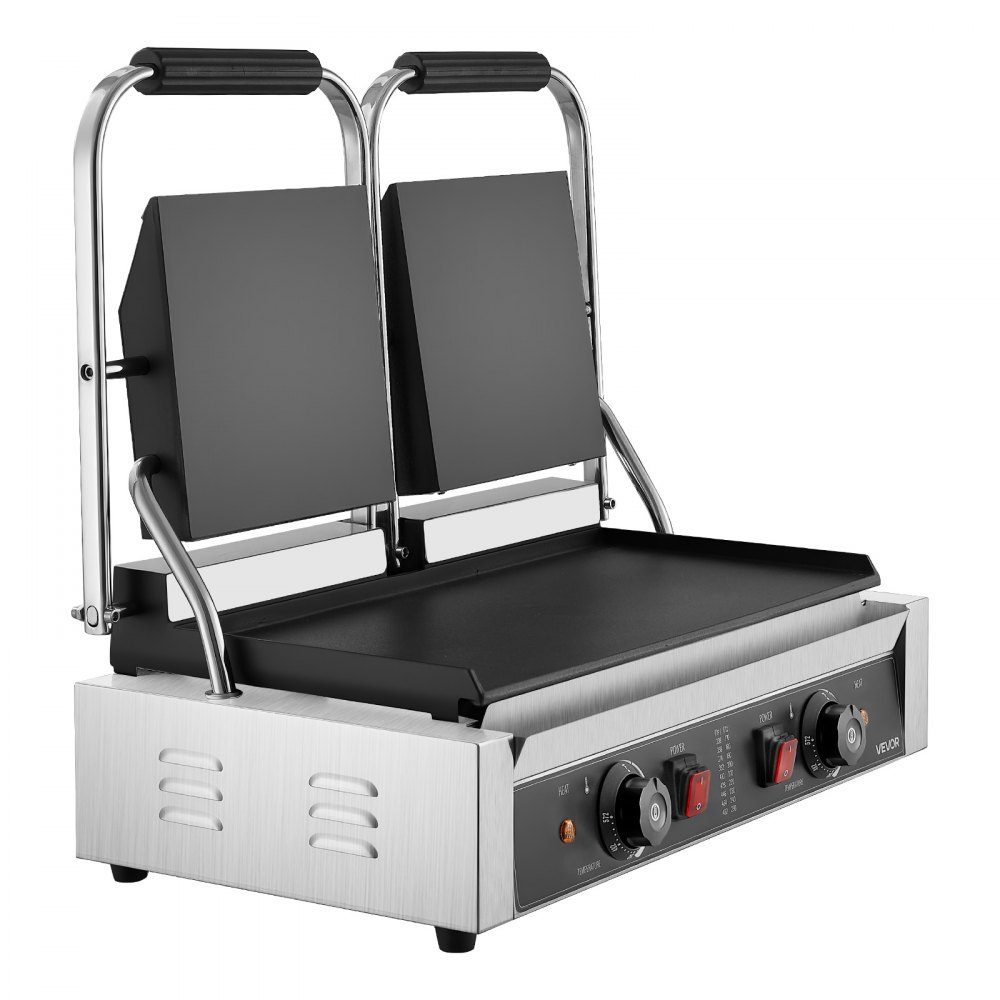 Gewerblicher Kontaktgrill 3600 W Elektrogrill Sandwichmaker (doppelte Backplatten) Paninipresse aus Edelstahl mit Temperaturregelung, 48 x 23 cm flache Emailleplatte, für Hamburger-Steak-Speck