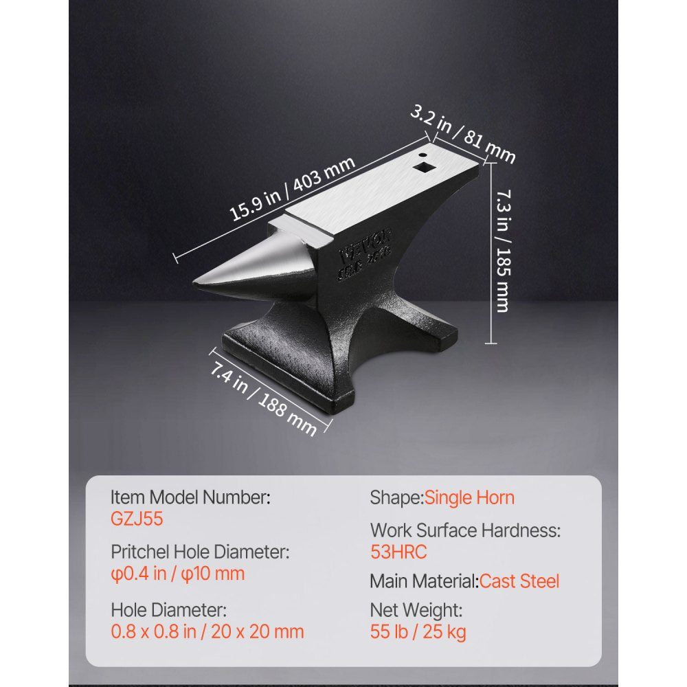 Single Horn Anvil, Cast Steel Anvil, 25kg Round Horn Anvil with High Hardness, Large Worktop and Stable Base, Metalworking Tool for Bending, Shaping and Twisting Metal