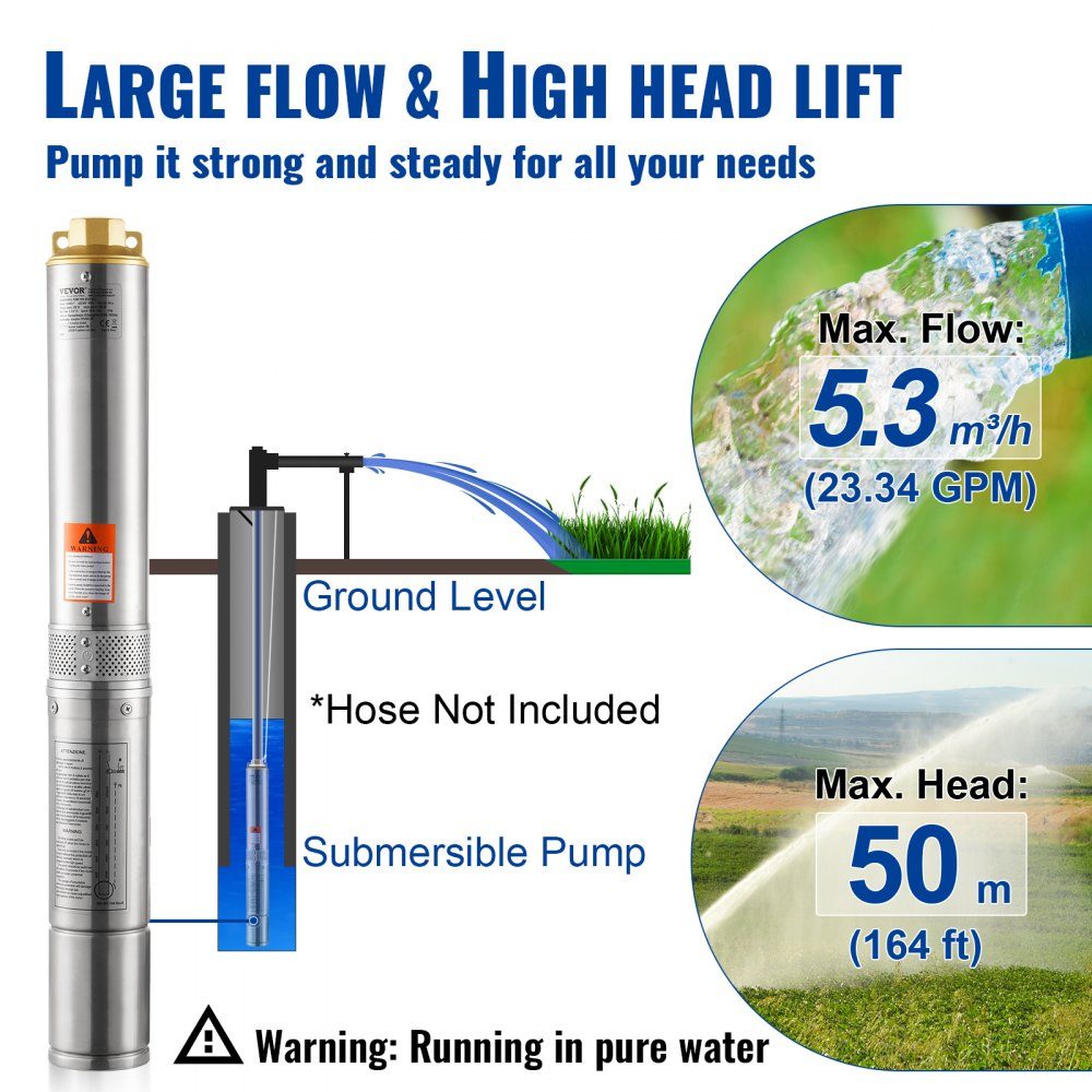 Tiefbrunnen-Tauchpumpe, 370 W, 230 V, 50 Hz, 5,3 m3/h max. Durchfluss, 50 m max. Förderhöhe, mit 9,1 m Stromkabel, Edelstahl-Wasserpumpen für industrielle Bewässerung und Heimgebrauch, Wasserschutzklasse IP68