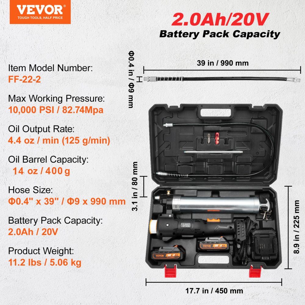 Bezprzewodowa smarownica 20 V Smarownica 500 g Ciśnienie robocze 10 000 PSI Elektryczna smarownica 125 g/min Szybkość podawania oleju w zestawie. 2x akumulatory 2,0 Ah, wąż Φ9x990mm i uniwersalna smarownica z szybką ładowarką
