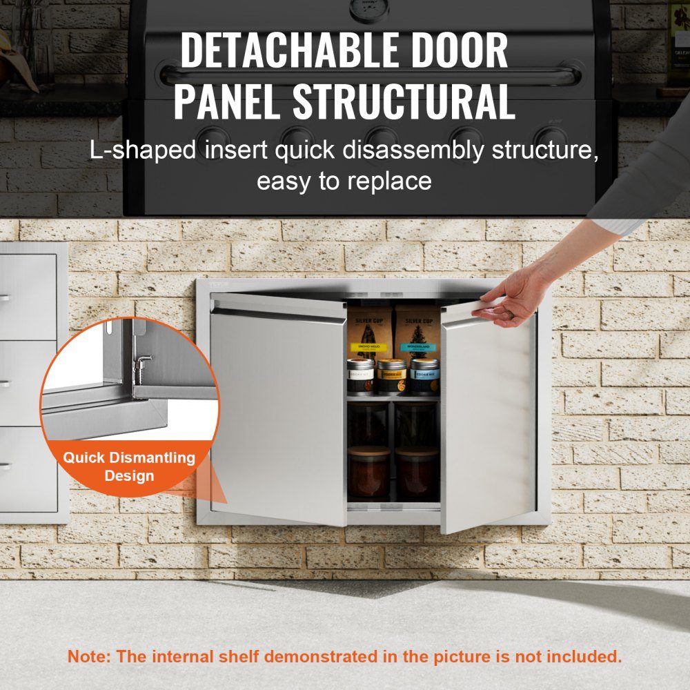 Porte d'accès au gril 762x532x45mm Double porte de cuisine extérieure encastrée en acier inoxydable, porte murale verticale avec poignées rétractables pour Grill Island Grill Station armoire extérieure, etc.