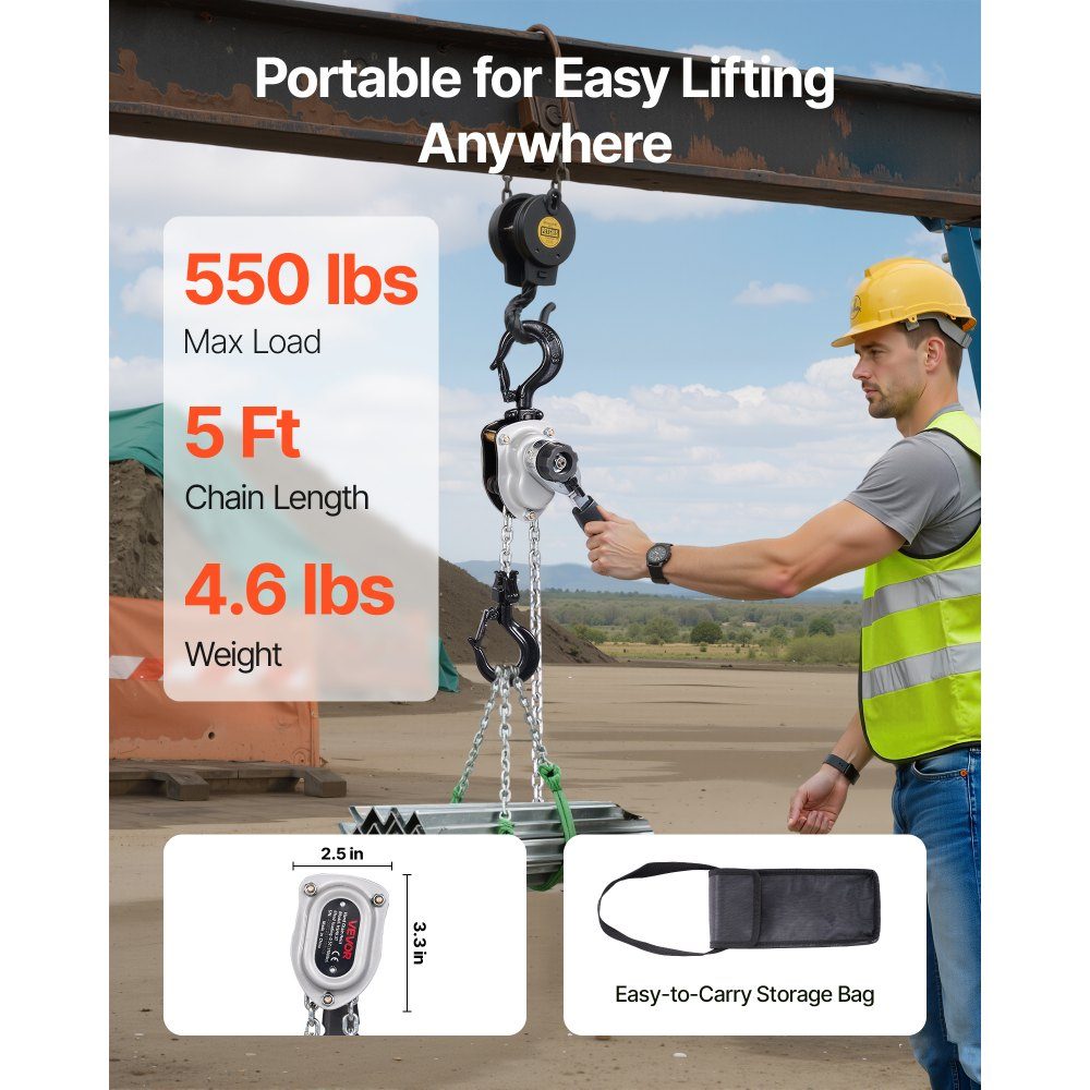Mini Lever Hoist, 1/4 Ton Capacity Hand Chain Hoist, 1.5m Lift, G80 Steel Alloy Chain with Double Pawl Mechanical Brake, Chain Hoist with 360° Swivel Hooks, for Warehouse, Construction, Garage
