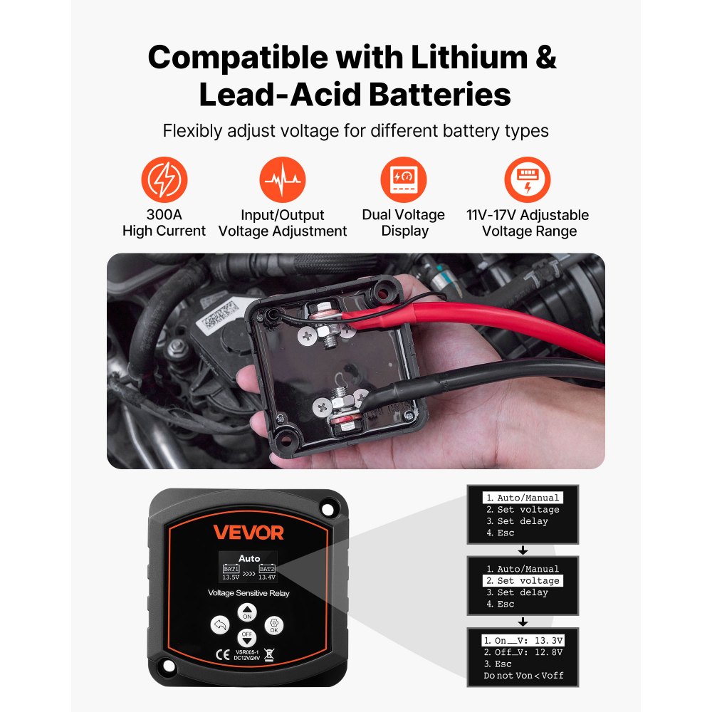 Dual Battery Disconnect Relay Kit, 12V 300A 6m 33.6mm² (2AWG) VSR Voltage Sensitive Relay with Voltmeter LCD Screen Battery Isolator Switch Compatible with Lithium Batteries for UTV ATV