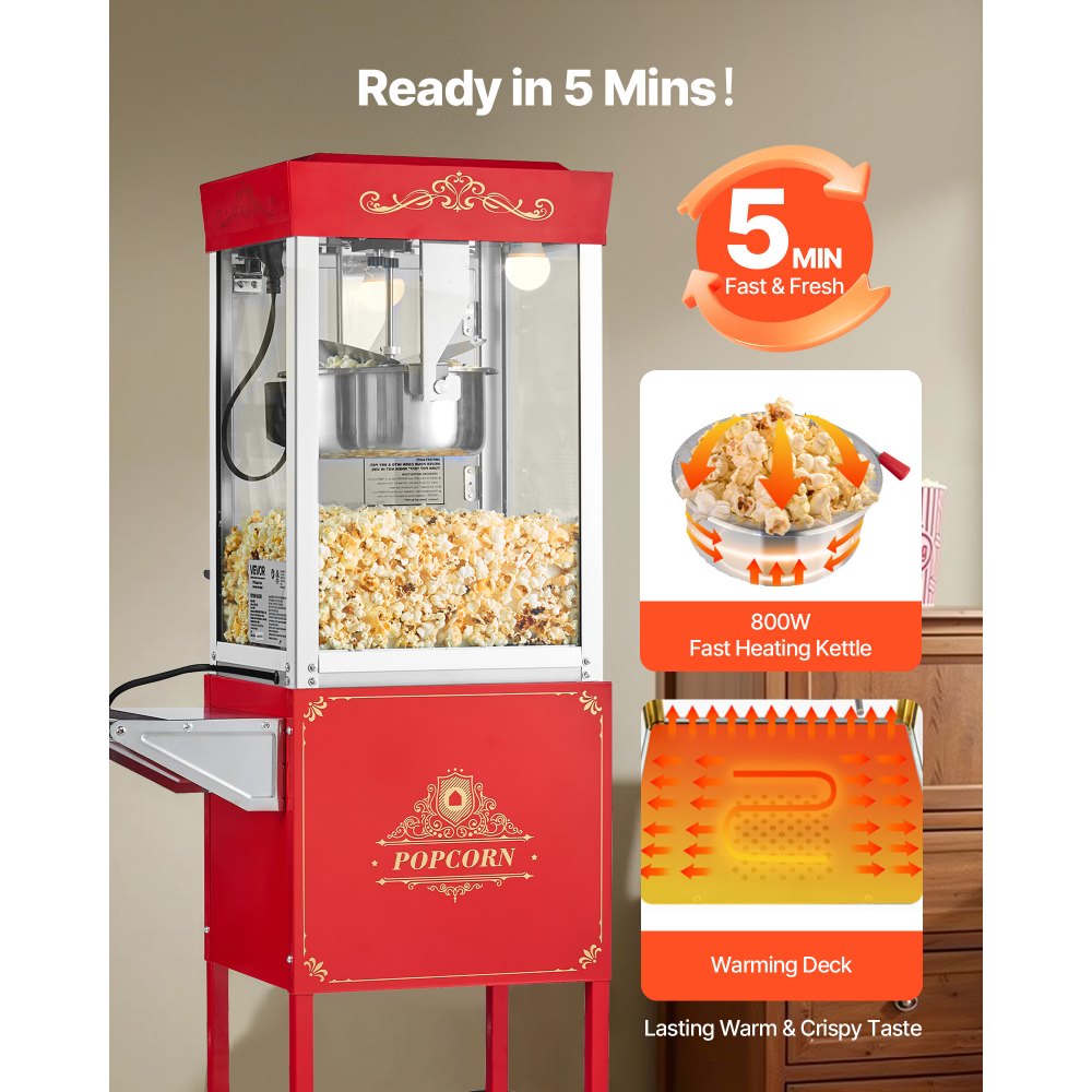 Popcornmachine Popcornmachine met waterkoker en kar, 800 W commerciële popcornmaker, 48 kopjes per lading, met 2-knopsbediening, glazen wand, pc-deur, 1 schep, 3 lepels, rood Popcornmachine Popcornmachine met waterkoker en kar, 800 W commerciële popcornmaker, 48 kopjes per lading, met 2-knopsbediening, glazen wand, pc-deur, 1 schep, 3 lepels, rood
