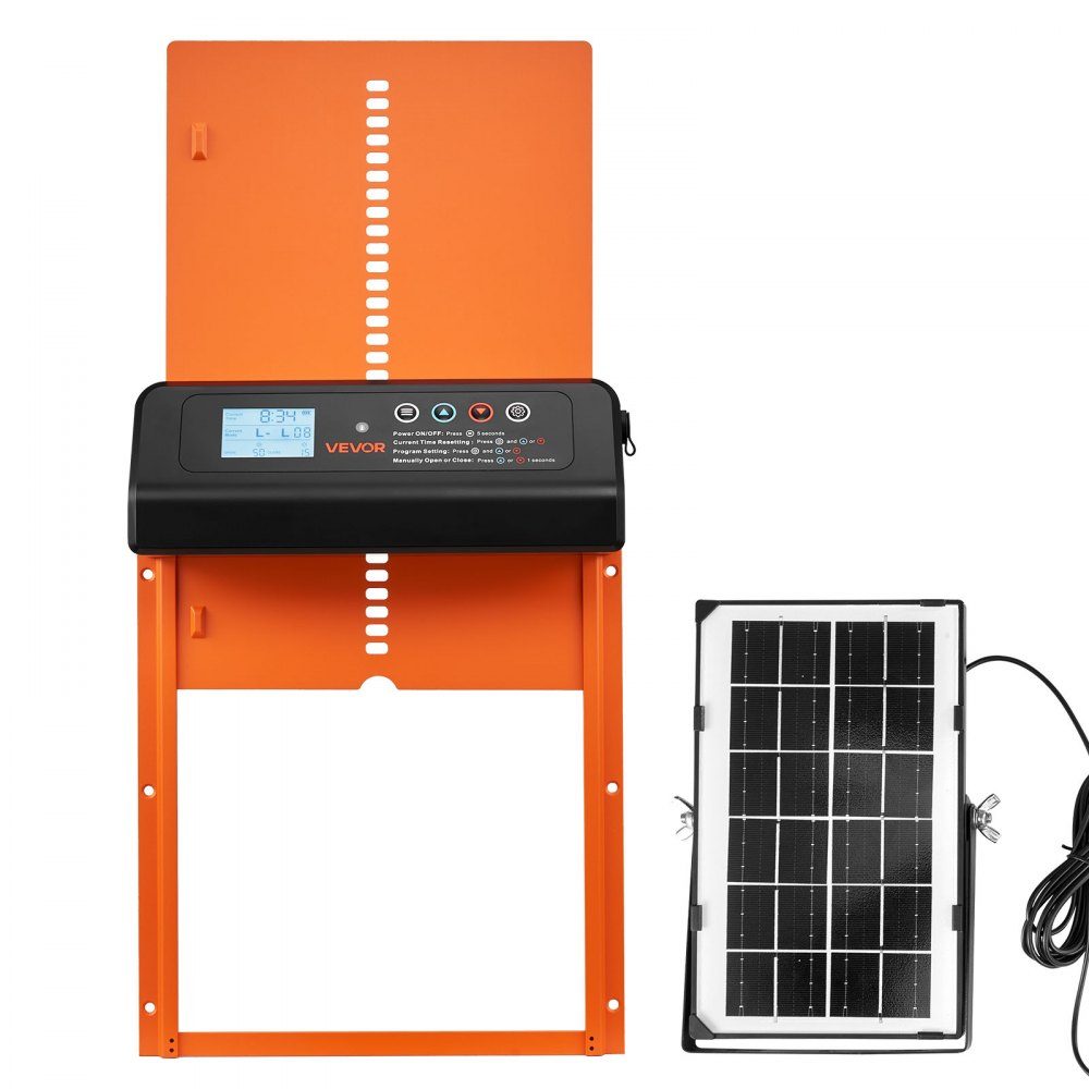 Chicken Flap, Solar and Battery Powered Chicken Door with LCD Display, Remote Control, Light Sensor and Timer, Anti-Pinch, Aluminum Alloy Chicken Coop Door, 350 x 250 x 73mm, Orange