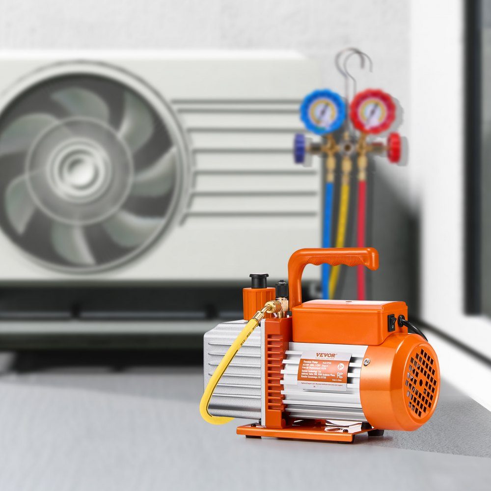 Vakuumpumpe 6 CFM HVAC 2-stufige Drehschieber-Vakuumpumpe für R134a R22 R410a-Systeme Auto-AC-Vakuumpumpensatz mit Ölflasche zur Harzentgasung für die Wartung von Autoklimaanlagen
