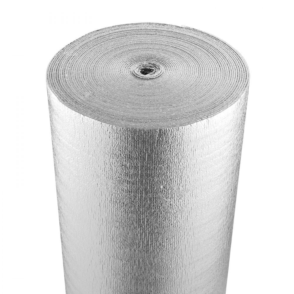 Dubbele reflecterende isolatierol, stralingsbarrière met schuimkern, 3,2 mm, 48 "x 100 ft, dubbelzijdig warmtereflecterend bord gemaakt van aluminiumfolie en EPE-schuim, thermische isolatierol voor ramen en camperdaken