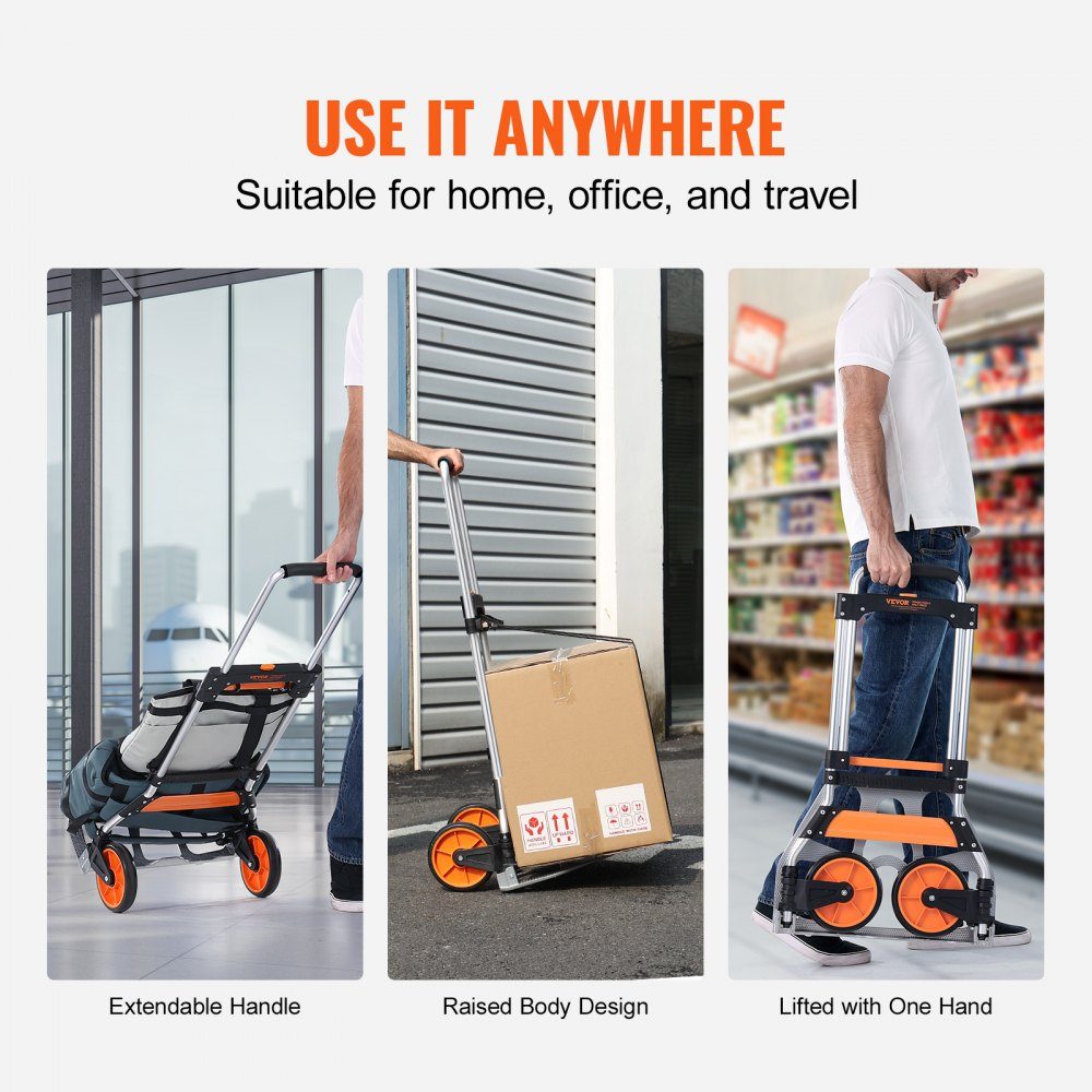 Folding Sack Truck 125kg Aluminum Alloy Plastic Transport Trolley Stacking Trolley with Adjustable Handle 820-1105mm Foldable Trolley with Tension Rope Included Compact Size for Storage