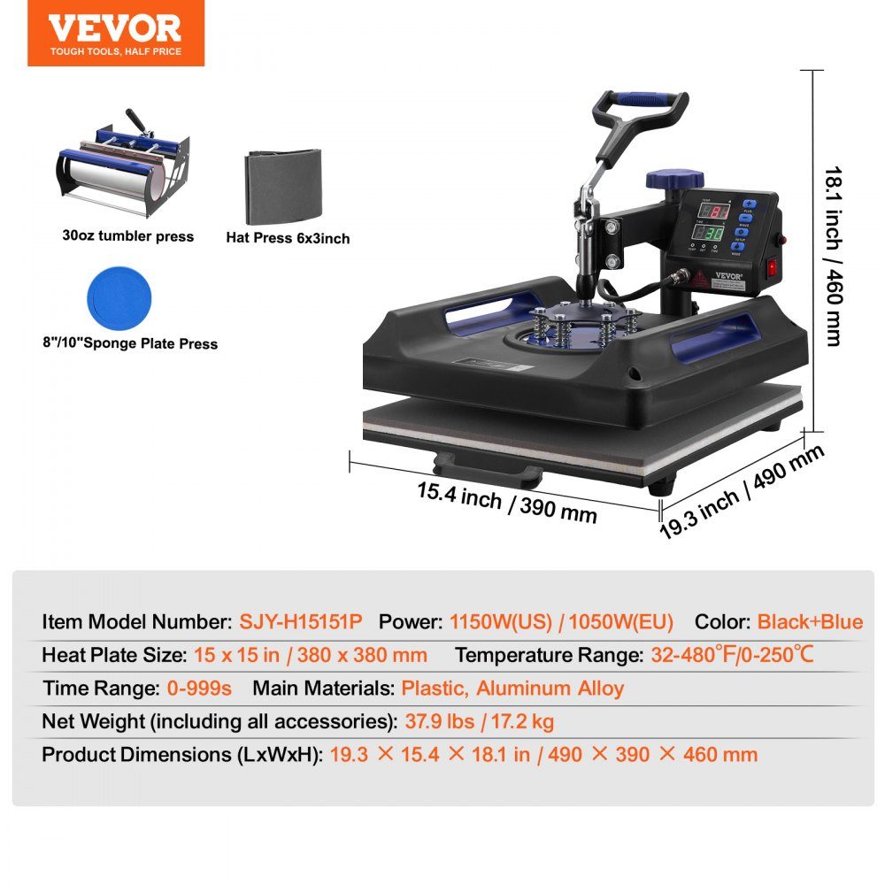 Warmtepers 15" x 15" 5 in 1 warmteoverdrachtmachine met 30-Unzen-Trommelpresse 360° wegzwenkbaar digitaal T-shirt met tefloncoating voor T-shirts/mokken/hoeden/borden zwart + blauw