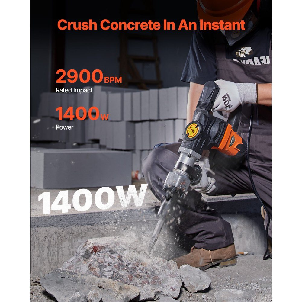 Brise-béton haute performance, marteau de démolition 1400 W, puissance d'impact 19J, marteau de démolition électrique, marteau perforateur, marteau à béton, marteau à mortier 2900 BPM, comprend un burin pointu, un burin plat, pour ardoise, béton, etc.