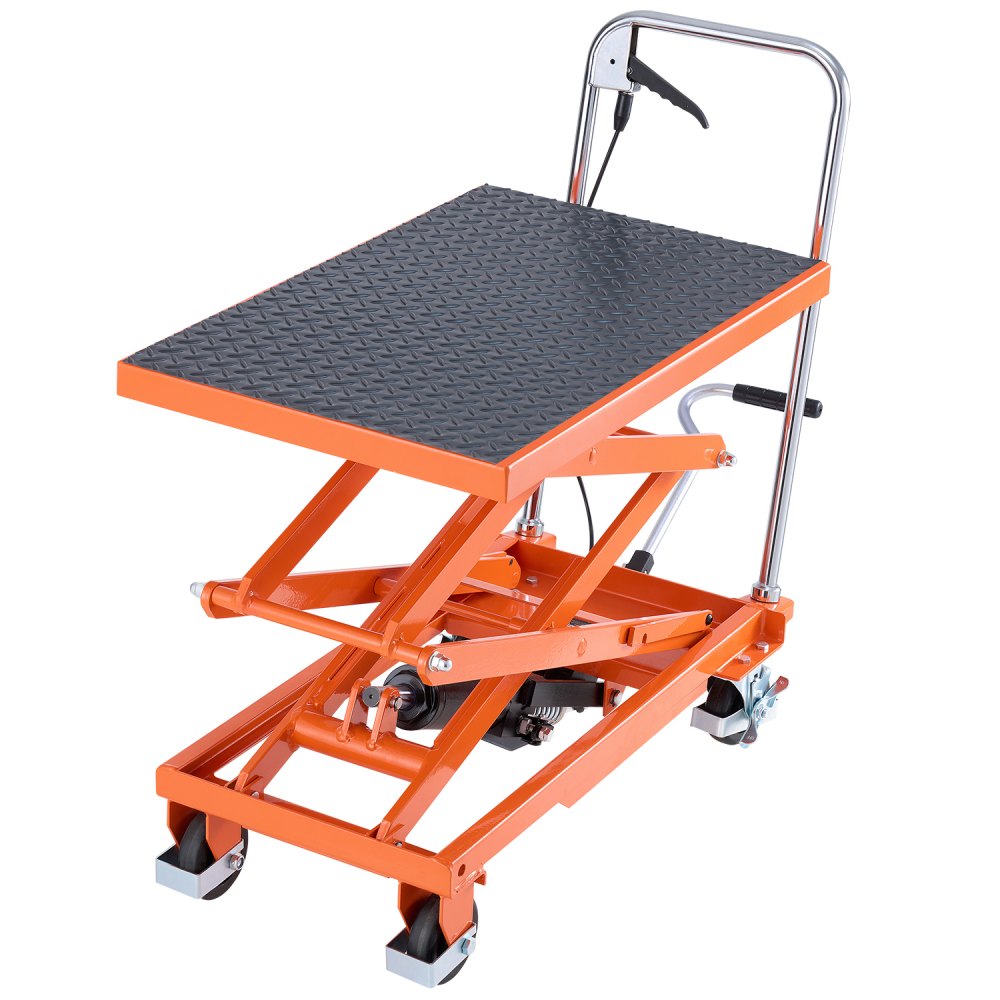 Hydraulic lift table truck, 500 lbs load capacity, 300-1200 mm lifting height, 4 wheel scissor lift truck with non-slip base, mobile lift table for material handling and transport Hydraulic lift table truck, 500 lbs load capacity, 300-1200 mm lifting height, 4 wheel scissor lift truck with non-slip base, mobile lift table for material handling and transport