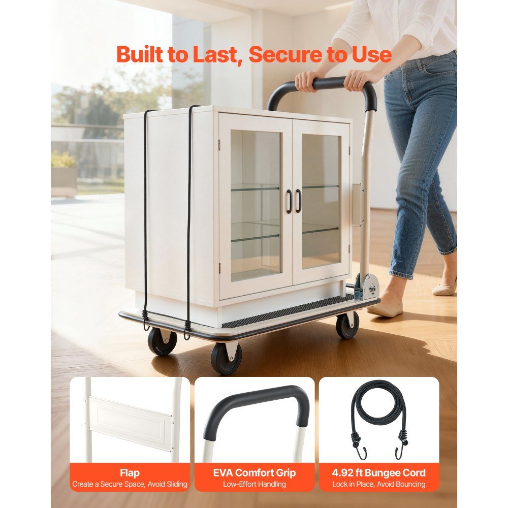 Folding platform trolley 150 kg, transport trolley with swivel castor, hand trolley loading area with anti-slip coating, transport aid for easy storage, 735x480x825 mm trolley