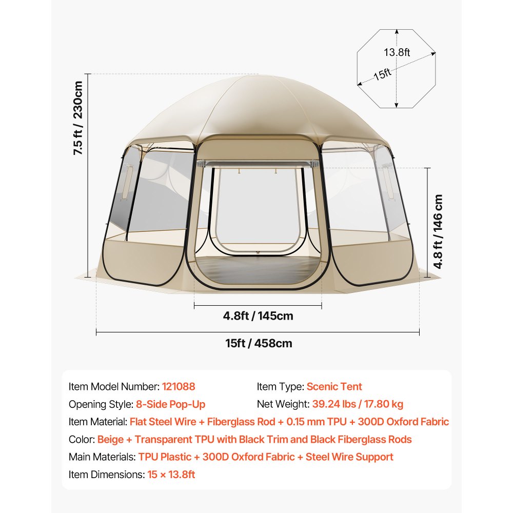 Pop-up bubble tent 458x432x230cm transparante kampeertent tuinkoepel iglotent met ramen sporttent 540° panoramisch zicht voor 12-15 personen patio achtertuin Pop-up bubble tent 458x432x230cm transparante kampeertent tuinkoepel iglotent met ramen sporttent 540° panoramisch zicht voor 12-15 personen patio achtertuin