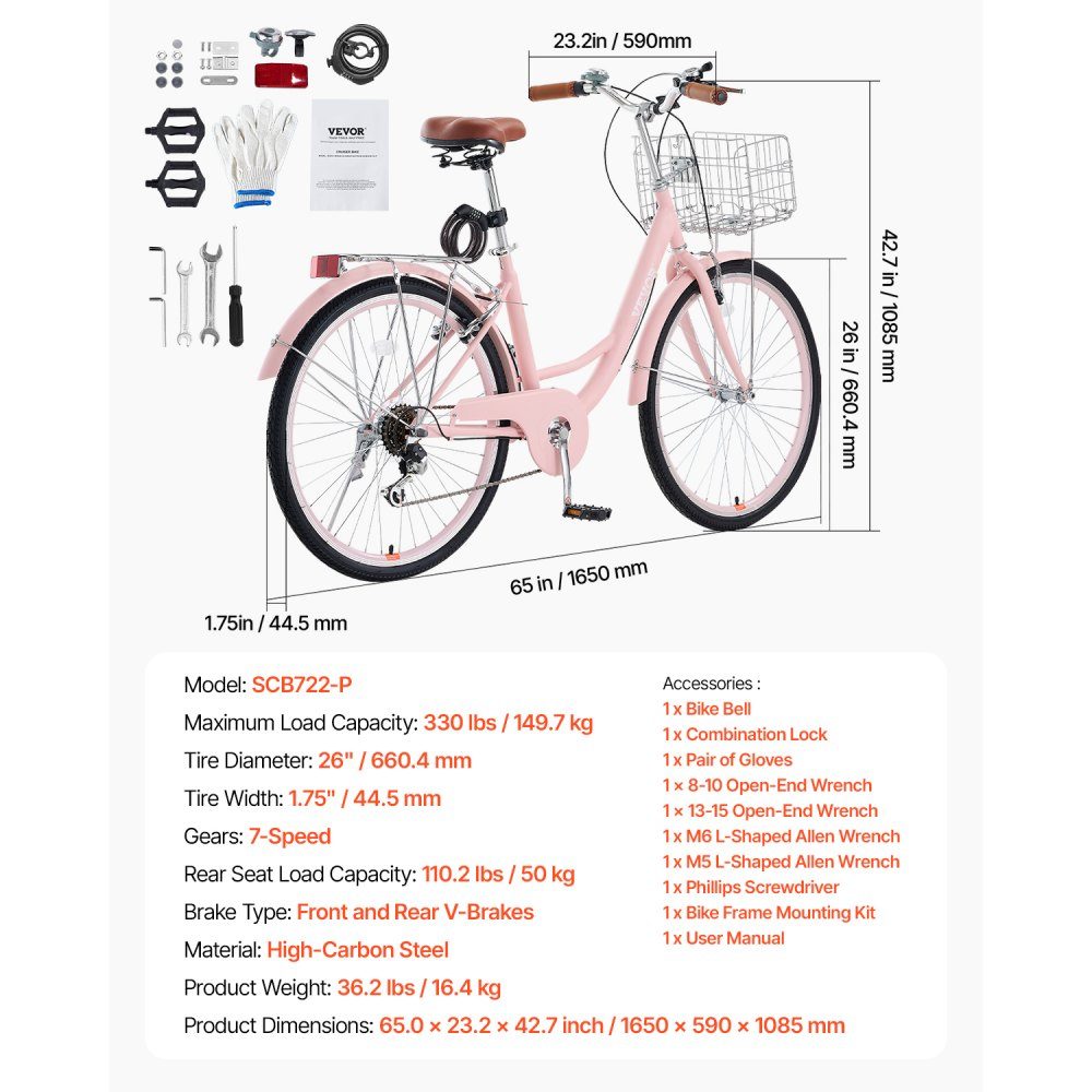 Cruiser-Fahrrad mit 7 Gängen (Reifendurchmesser 660,4 mm), Strandfahrrad mit großem Korb und Gepäckträger, Cruiser-Fahrrad mit verstellbarem Sitz, für Fahrradtraining und Einkaufen, Pink