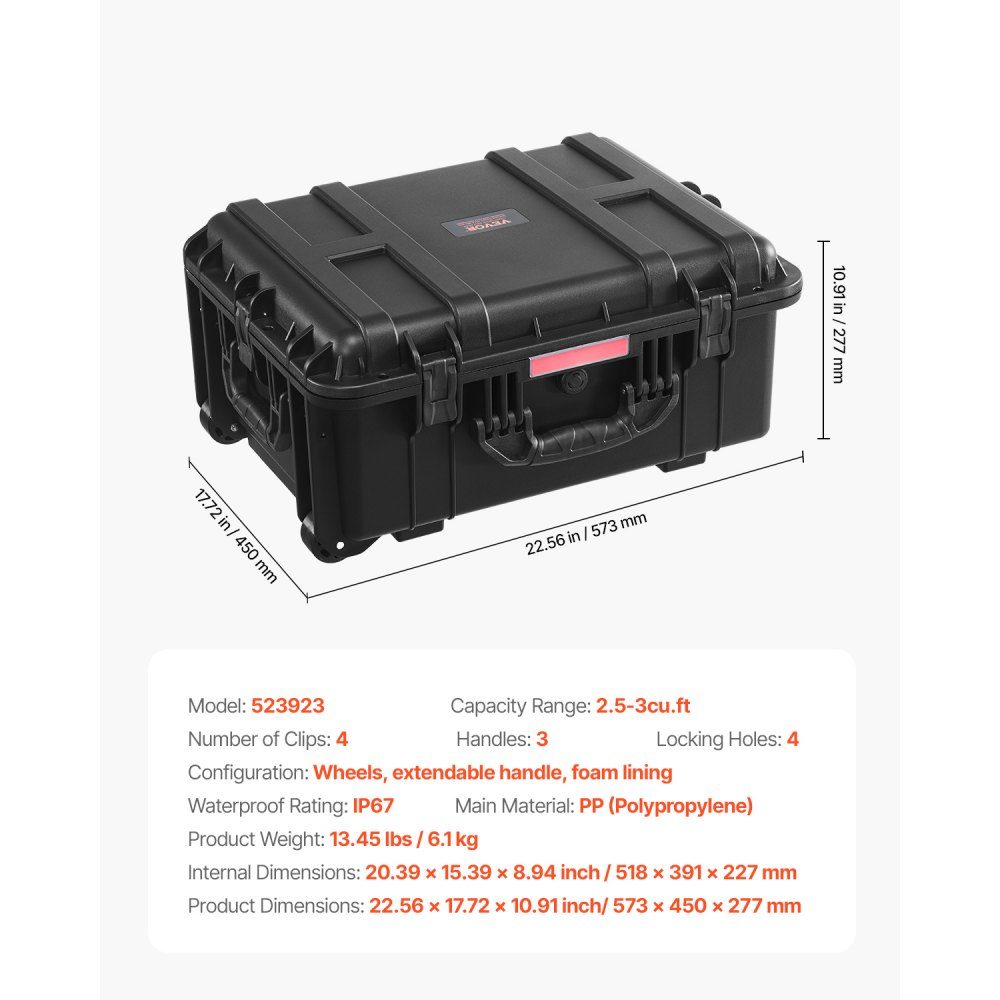 2.5 Cubic Feet Hard Shell Suitcase, Hard Shell Trolley Suitcase with Wheels and Extendable Pull Handle, Waterproof IP67-Schutzkoffer with 4 Clips, 4 Padlock Holes and Foam Insert