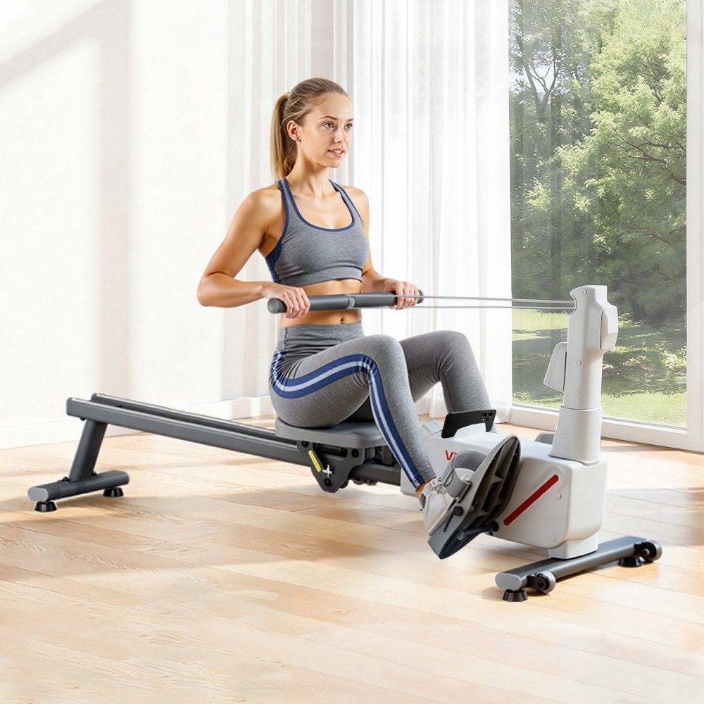 Leises Magnet-Rudergerät, 16 Widerstandsstufen einstellbar, klappbares Rudergerät für zu Hause mit Doppelgleitschienen & LCD-Monitor, Bluetooth-App-kompatibel, 158 kg Tragkraft