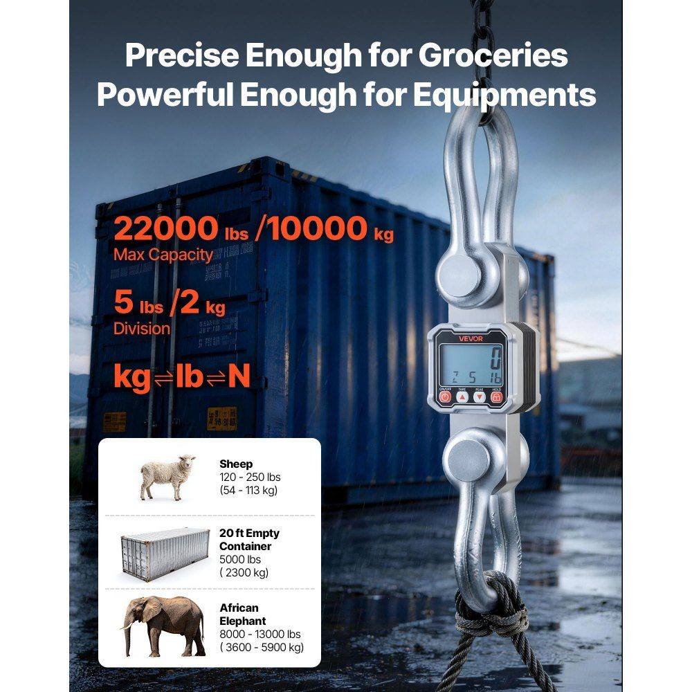 Crane Scale 10T, Digital Hanging Scale, Industrial Scale with Cast Aluminum Housing & LCD Display, 2kg Division & 3 Level Switch, Remote Control, Play Scale, Hook Scale for Garage & Factory