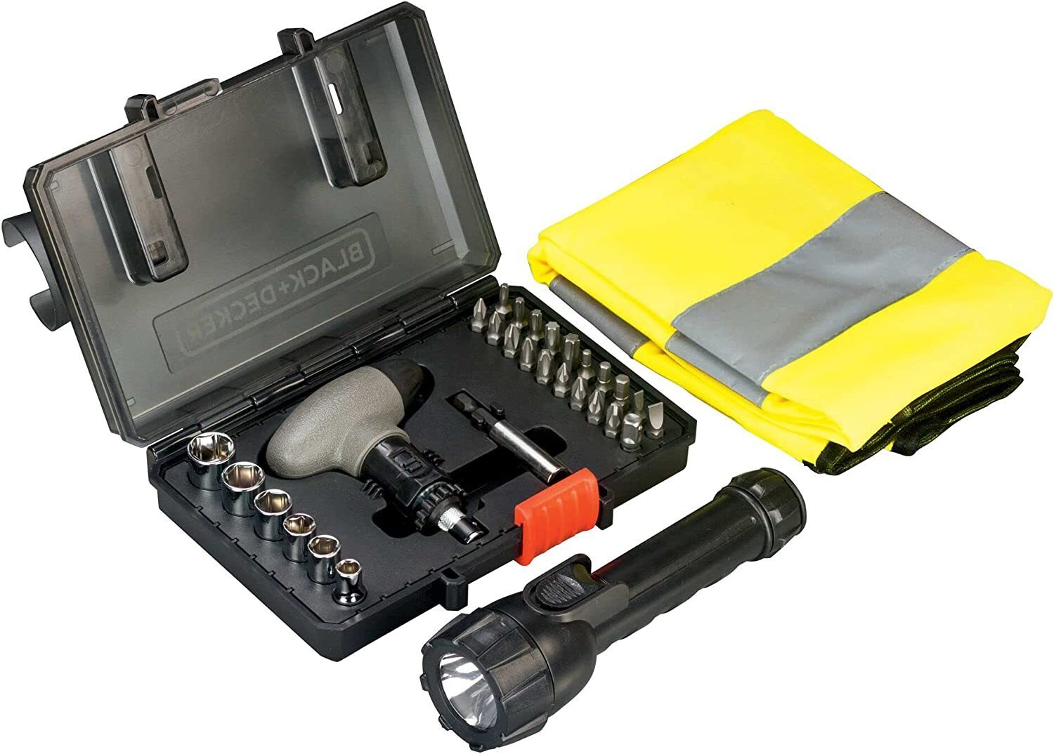 Black+Decker 30 piece SOS bit set (with high-visibility vest, LED flashlight, ideal for the car, little helper in case of breakdowns)
