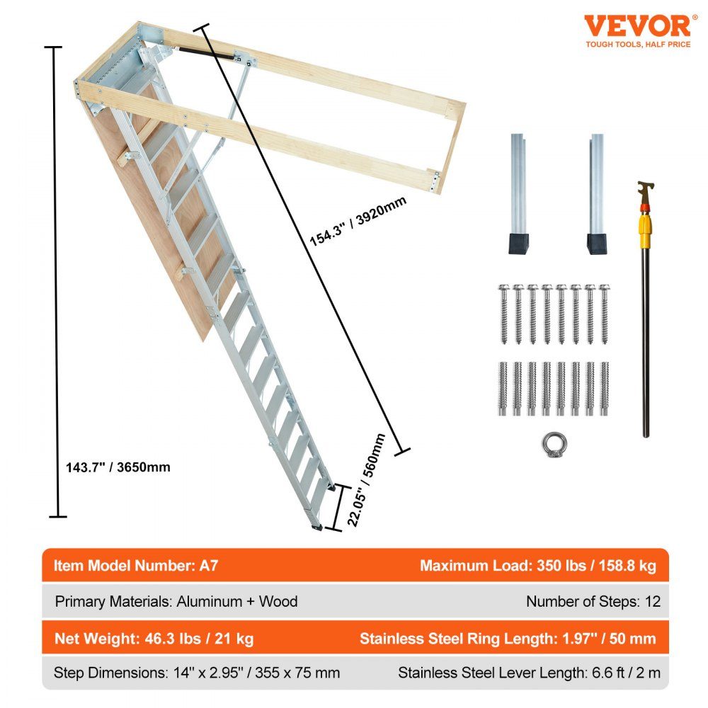 Telescopische ladder, 158,8 kg, trapladder, 12 treden, installatiehoogte van 290 tot 300 cm of 341 tot 366 cm, vouwladder, aluminium + hout, huishoudladder met hydraulisch gedempt afdaalontwerp