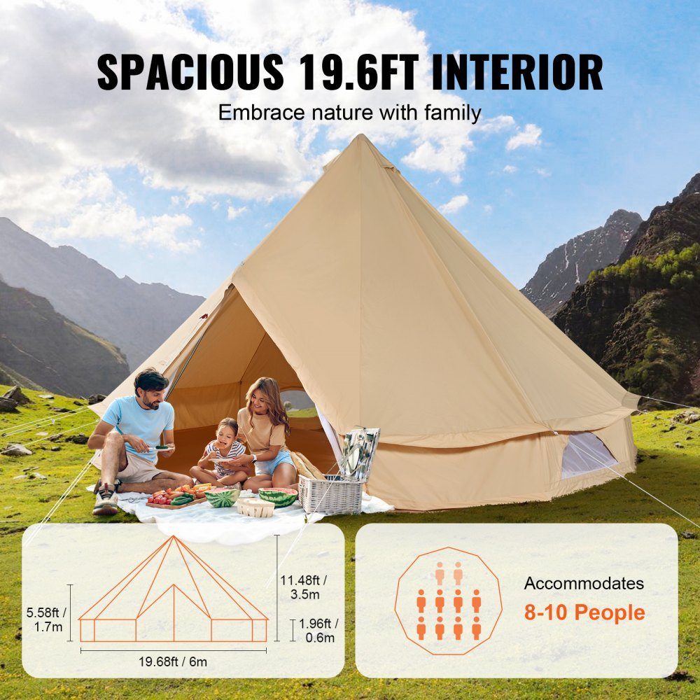 Tente cloche 6x3,5 m Tente yourte TC coton et poteaux en fer robustes avec tapis de sol en PVC Tente de camping Tente familiale pour 10 personnes Tente de groupe avec 12 fenêtres pour les aventures en plein air