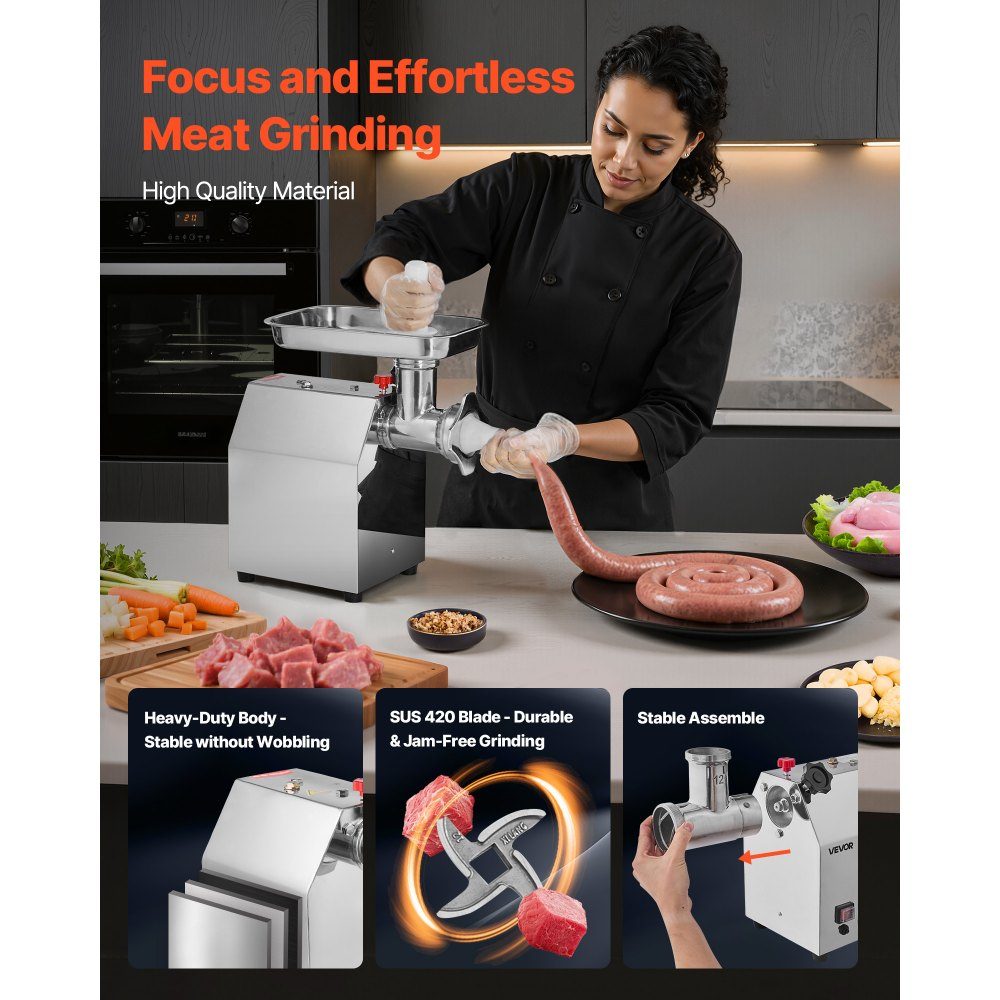 3.2kg/min Capacity Electric Meat Grinder, 850W Industrial Tabletop Meat Grinder with Blade and Grinding Plate, Sausage Machine, Stainless Steel Commercial Meat Grinder for Kitchen Restaurant