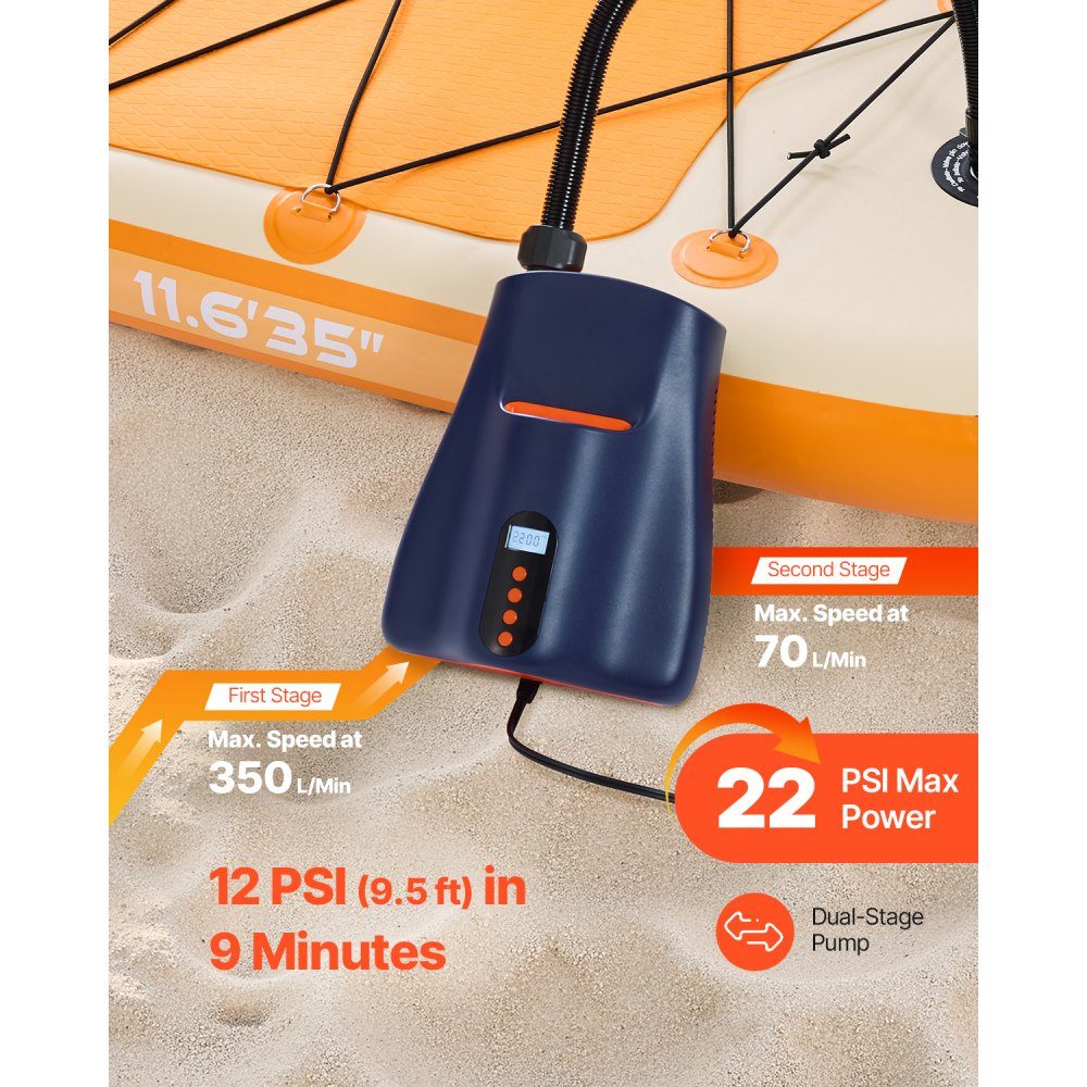 Paddleboard-Pumpe (22 PSI), zweistufige elektrische SUP-Luftpumpe mit automatischer Abschaltung und 12-V-Gleichstromanschluss, Aufblasen und Luftablassen, ideal für aufblasbare Paddleboards, Zelte, Matratzen