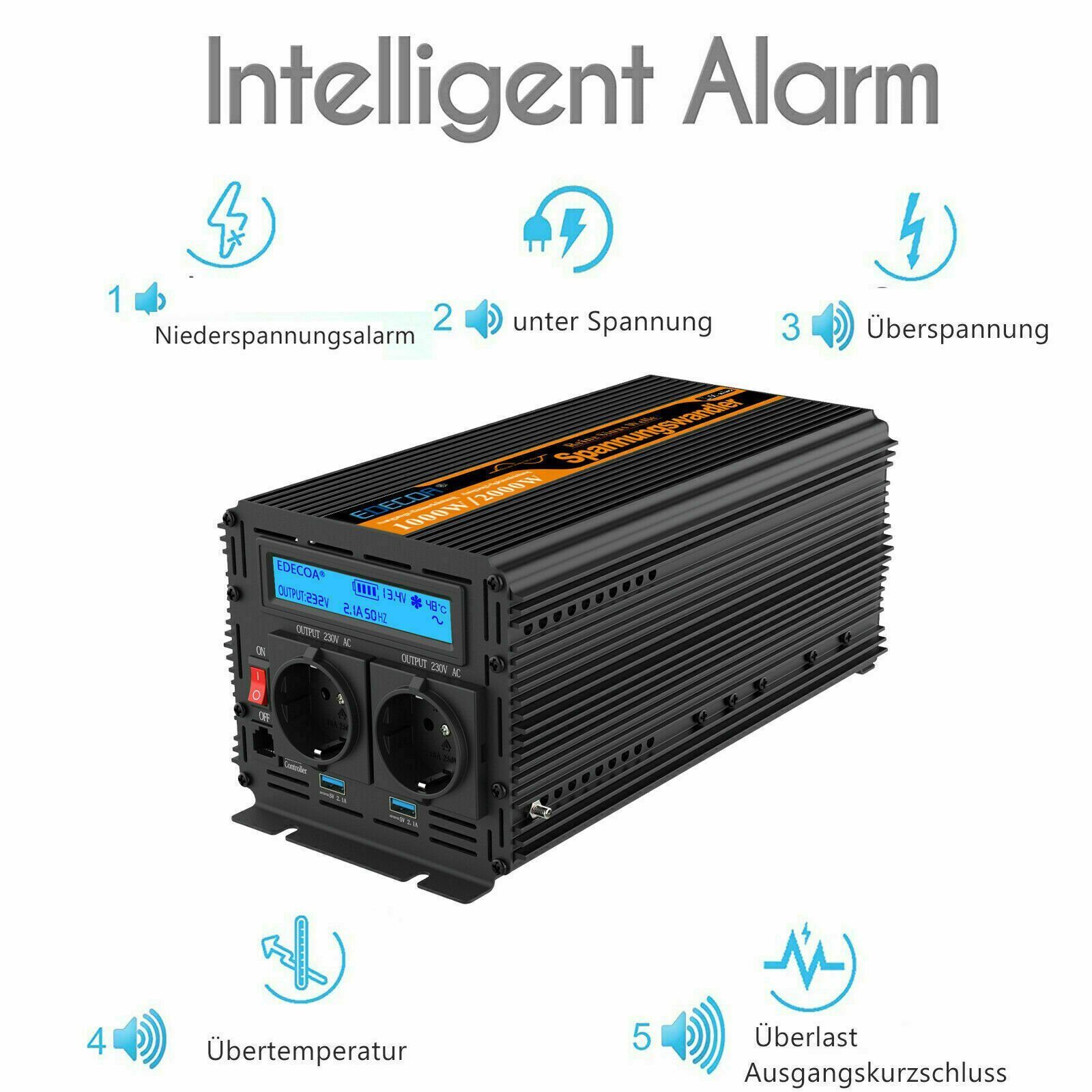 Pure sine wave voltage converter 1000/2000 W 12V 230V inverter