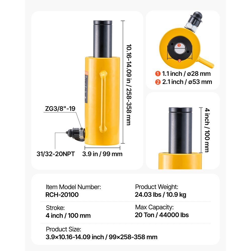 Hydraulic cylinder jack capacity 20T hydraulic cylinder 100mm stroke single-acting portable yellow hydraulic cylinder