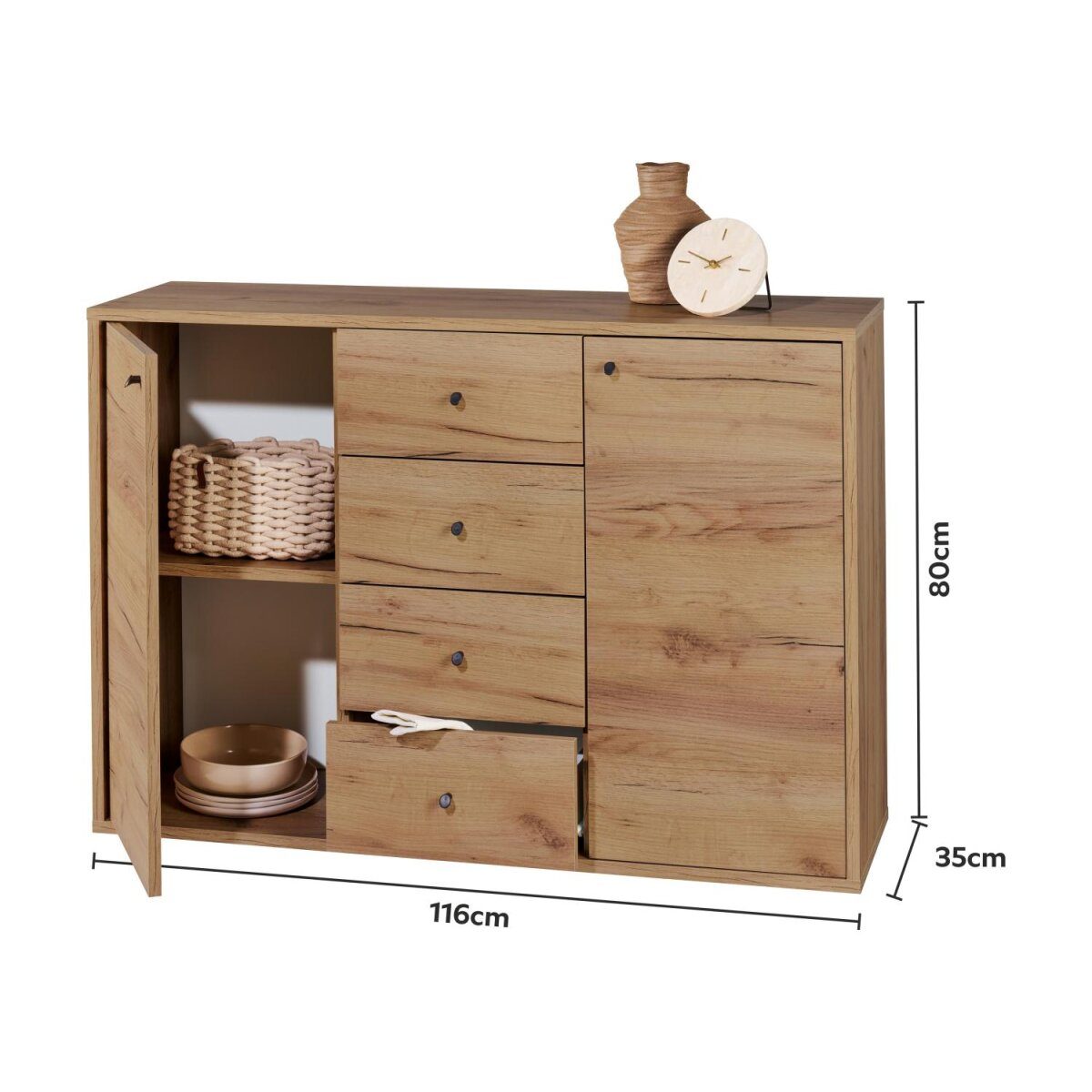 LIVARNO® Kommode mit 2 Türen und 4 Schubladen Verona, Eiche Wotan