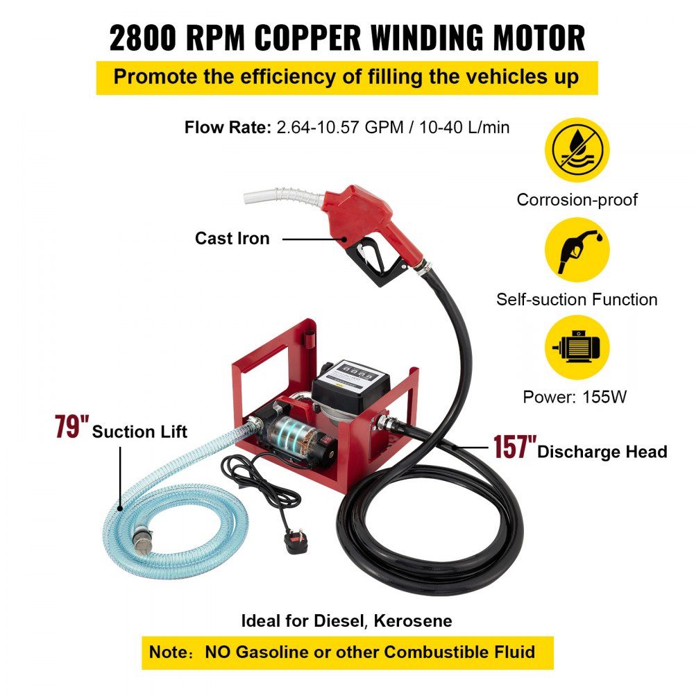 Dieselpomp stookoliepomp 40L, 155W zelfaanzuigende oliepomp, 2800 tpm motortoerental oliezuigpomp zelfaanzuigend, 20kg diesel transferpomp, meter automatische pomp voor biobrandstof – Artikelnr. HT-22259