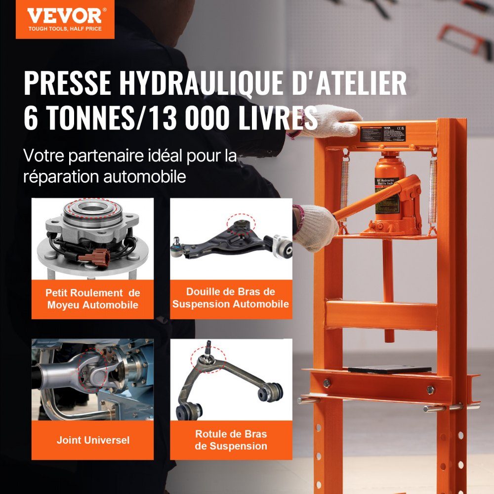 Workshop press hydraulic press 6 t, car frame press press 55-250 mm, 110 mm lifting height manual bearing press carbon steel workshop press for car bushings, ball joints, U-joints etc