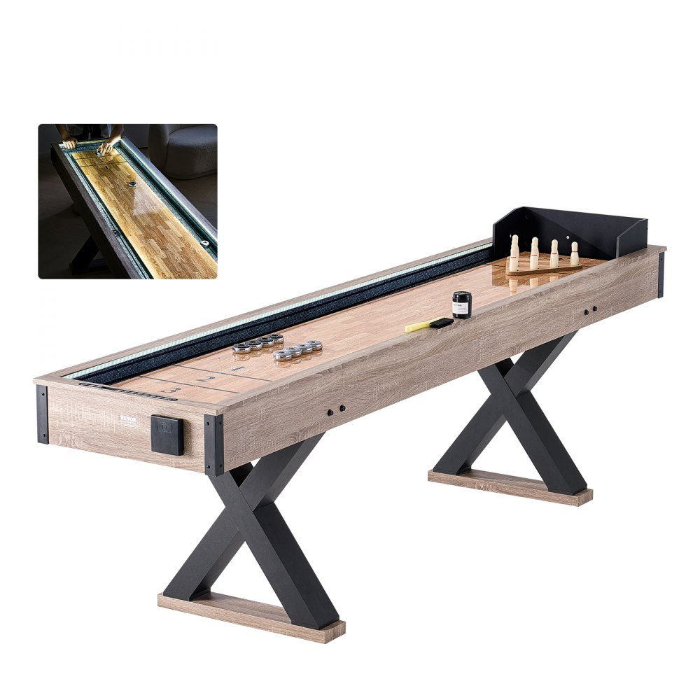 Shuffleboard Table, 9ft Shuffleboard with LED Lights for Family Game Room, 2 in 1 Shuffleboard and Bowling Combo Game Set, with Anti-Scratch Board, Legs, 8 Pucks, Bowling Set, Wax, Brush