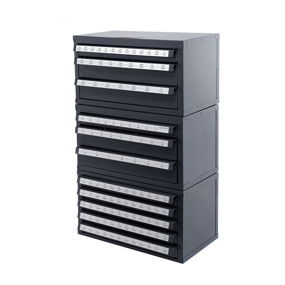 Bohrerspenderschrank, 3-teilig, drei Schubladen für 1,6 mm bis 12,7 mm und Buchstabengrößen A bis Z, Bohrer-Organizer mit fünf Schubladen für Drahtgrößen Nr. 1 bis Nr. 60, stapelbarer Schrank